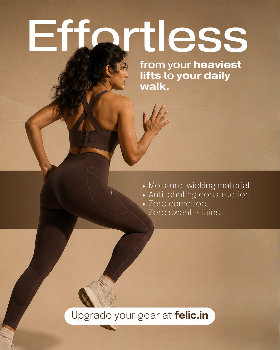 English Walnut Brown Versatile Sports Bra with Front Zipper, Full Coverage & Adjustable Straps