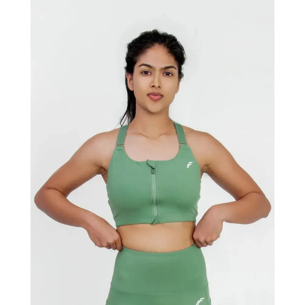 Mint Green Versatile Sports Bra with Front Zipper, Full Coverage & Adjustable Straps - felic