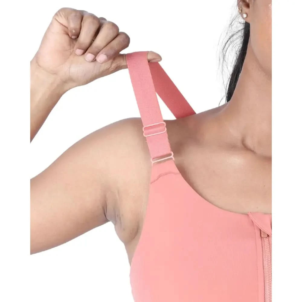 Dusty Pink Versatile Sports Bra with Front Zipper, Full Coverage & Adjustable Straps - felic