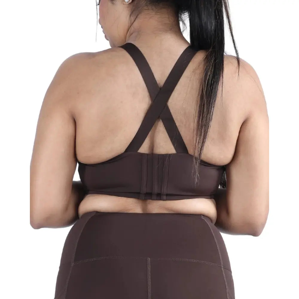 English Walnut Brown Versatile Sports Bra with Front Zipper, Full Coverage & Adjustable Straps - felic