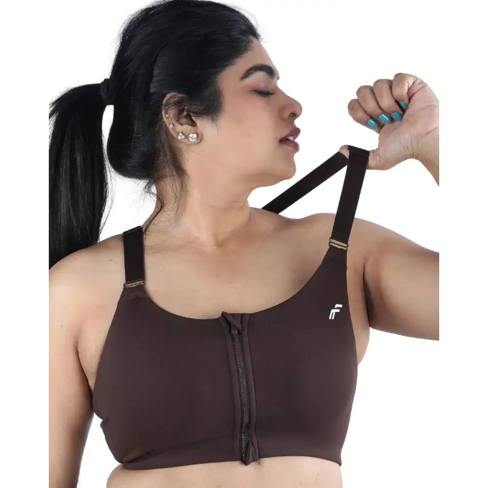 English Walnut Brown Versatile Sports Bra with Front Zipper, Full Coverage & Adjustable Straps - felic