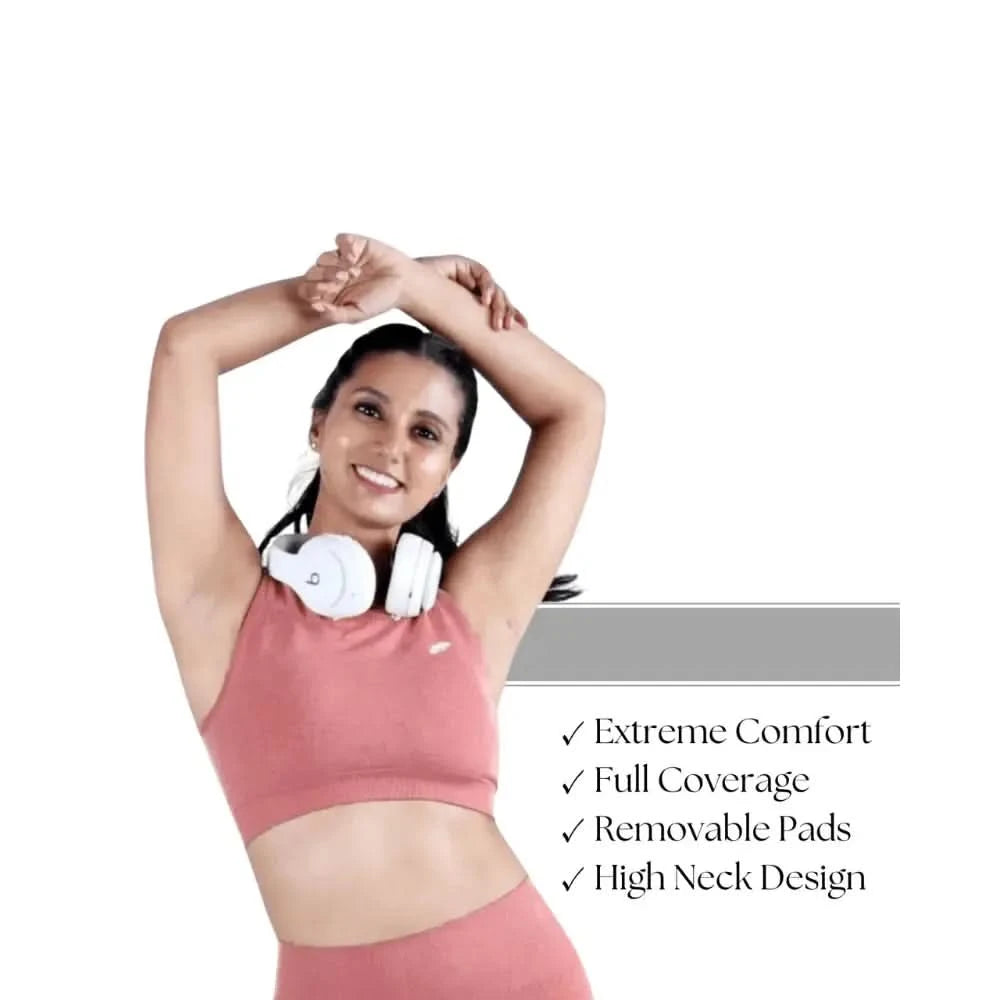 Dusty Pink Fit & Sculpt High Neck Seamless Bra with Full Coverage & Removable Pads - felic