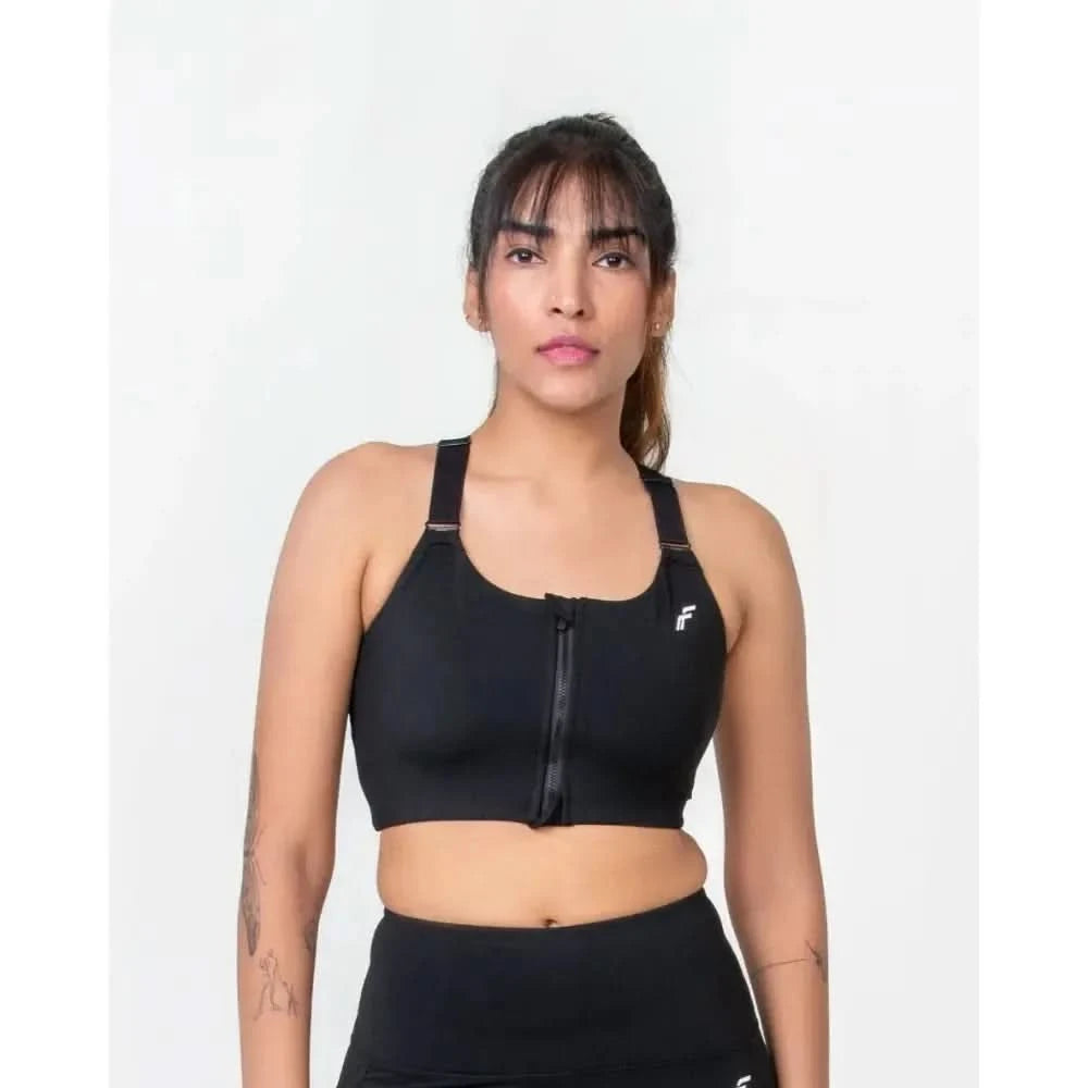 Midnight Black Versatile Sports Bra with Front Zipper, Full Coverage & Adjustable Straps - felic