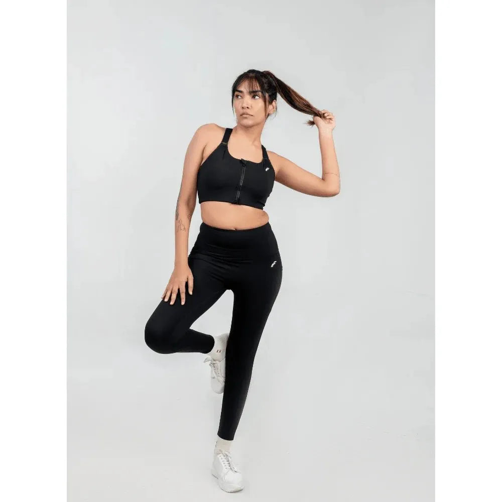 Midnight Black Versatile Sports Bra with Front Zipper, Full Coverage & Adjustable Straps - felic