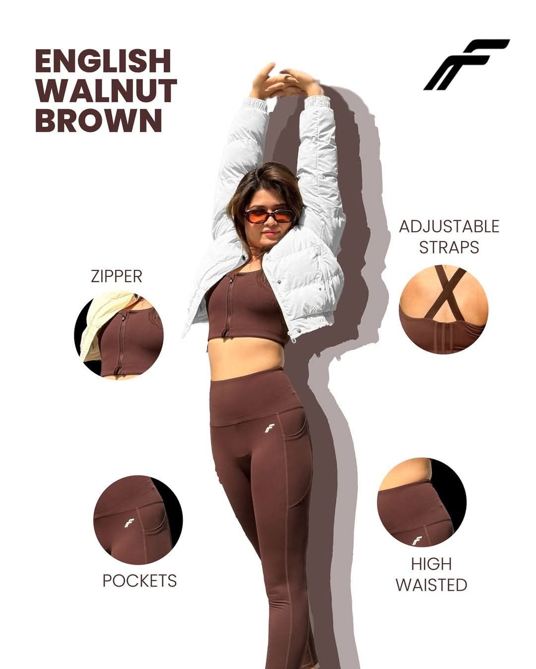 English Walnut Brown Versatile Sports Bra with Front Zipper, Full Coverage & Adjustable Straps