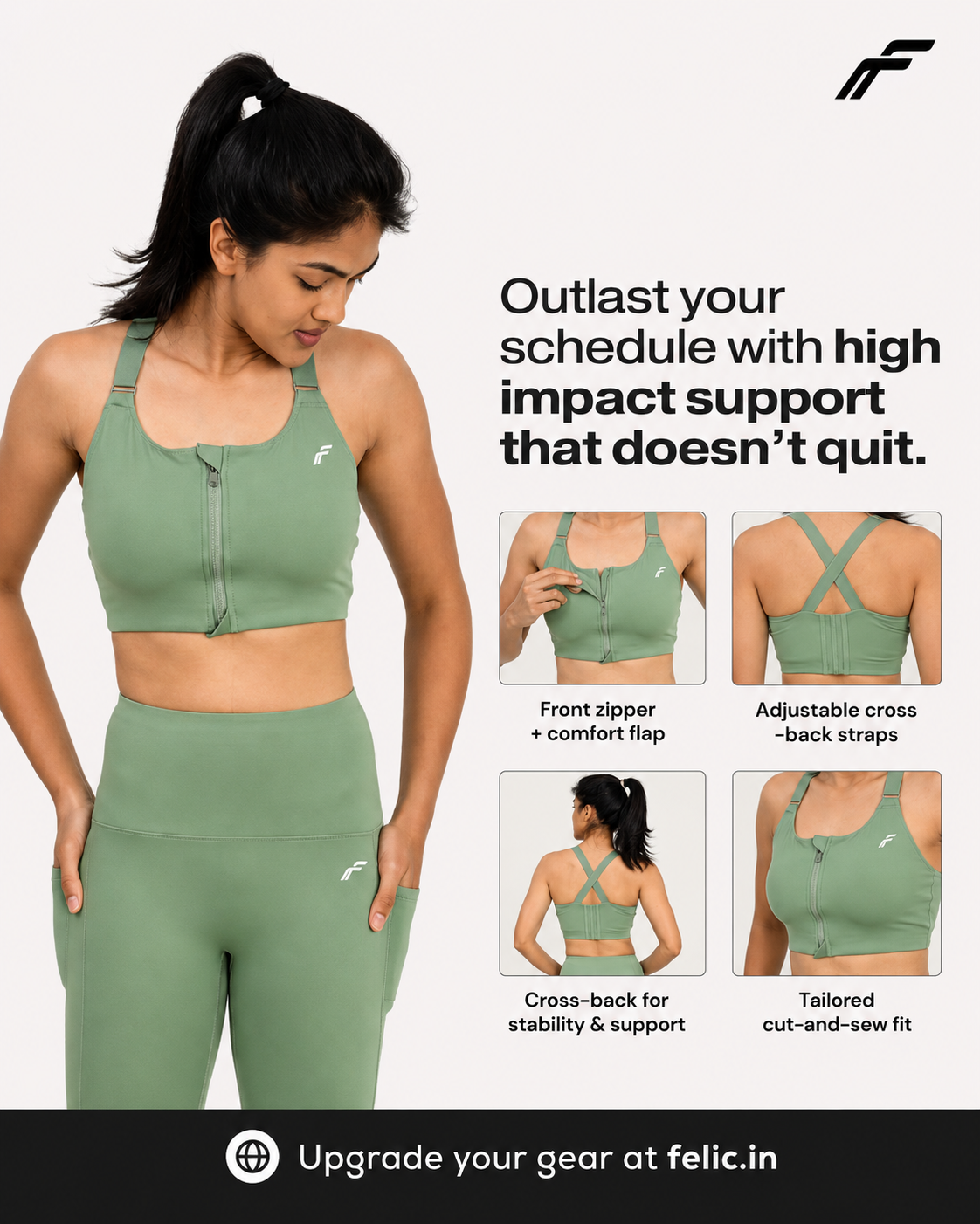 Mint Green Versatile Sports Bra with Front Zipper, Full Coverage & Adjustable Straps