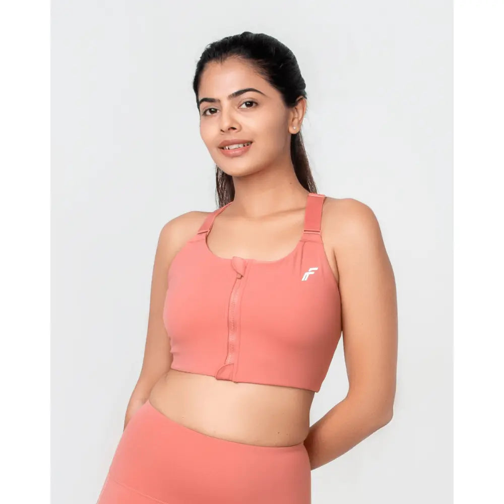 Dusty Pink Versatile Sports Bra with Front Zipper, Full Coverage & Adjustable Straps - felic