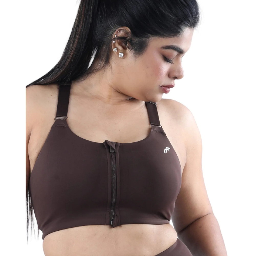 English Walnut Brown Versatile Sports Bra with Front Zipper, Full Coverage & Adjustable Straps - felic