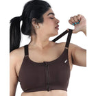 English Walnut Brown Versatile Sports Bra with Front Zipper, Full Coverage & Adjustable Straps