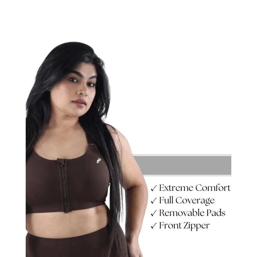 English Walnut Brown Versatile Sports Bra with Front Zipper, Full Coverage & Adjustable Straps - felic