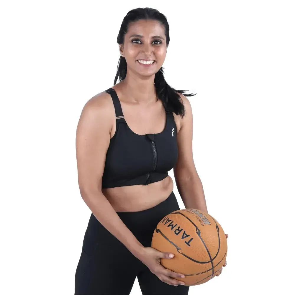 Midnight Black Versatile Sports Bra with Front Zipper, Full Coverage & Adjustable Straps - felic
