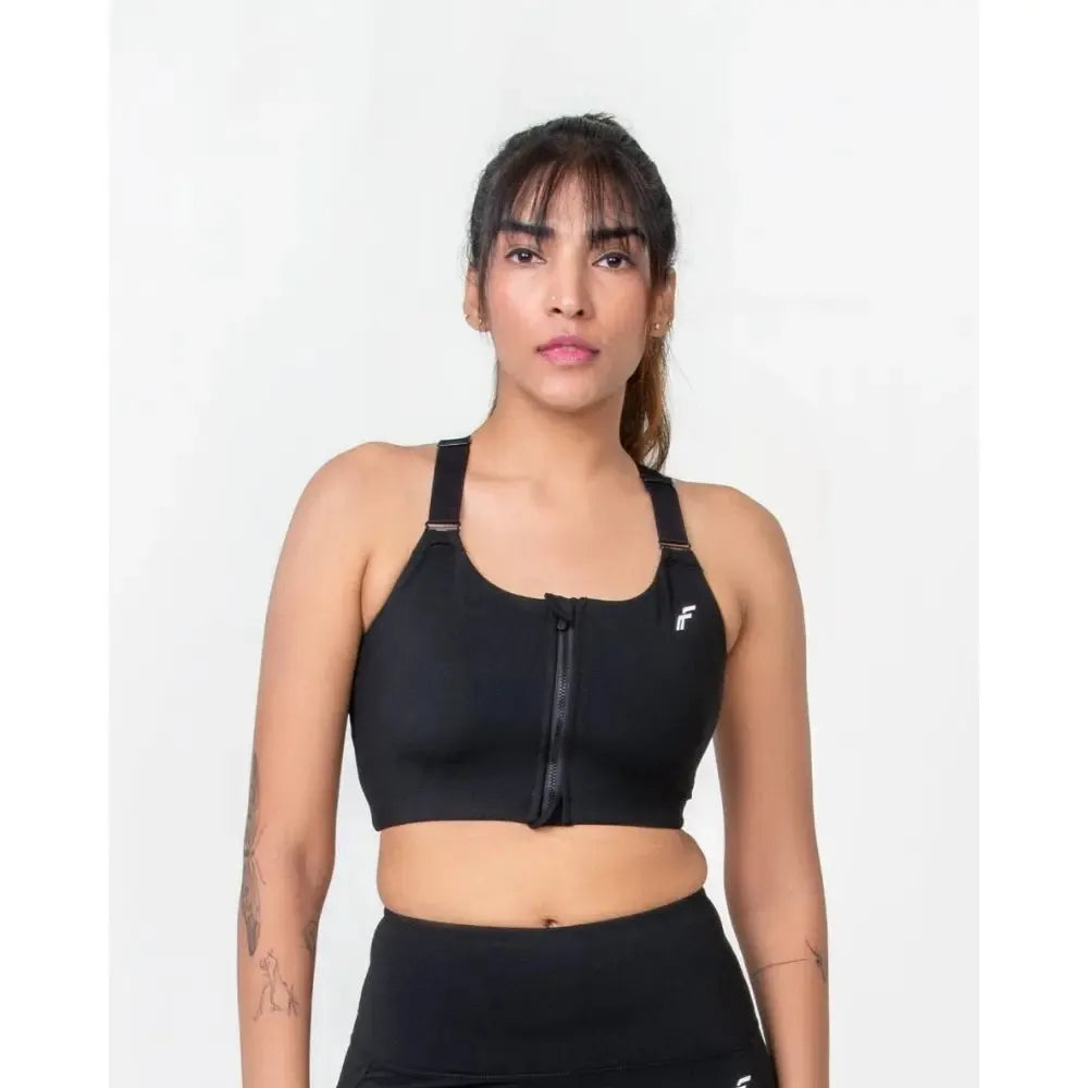 Midnight Black Versatile Sports Bra with Front Zipper, Full Coverage & Adjustable Straps - felic