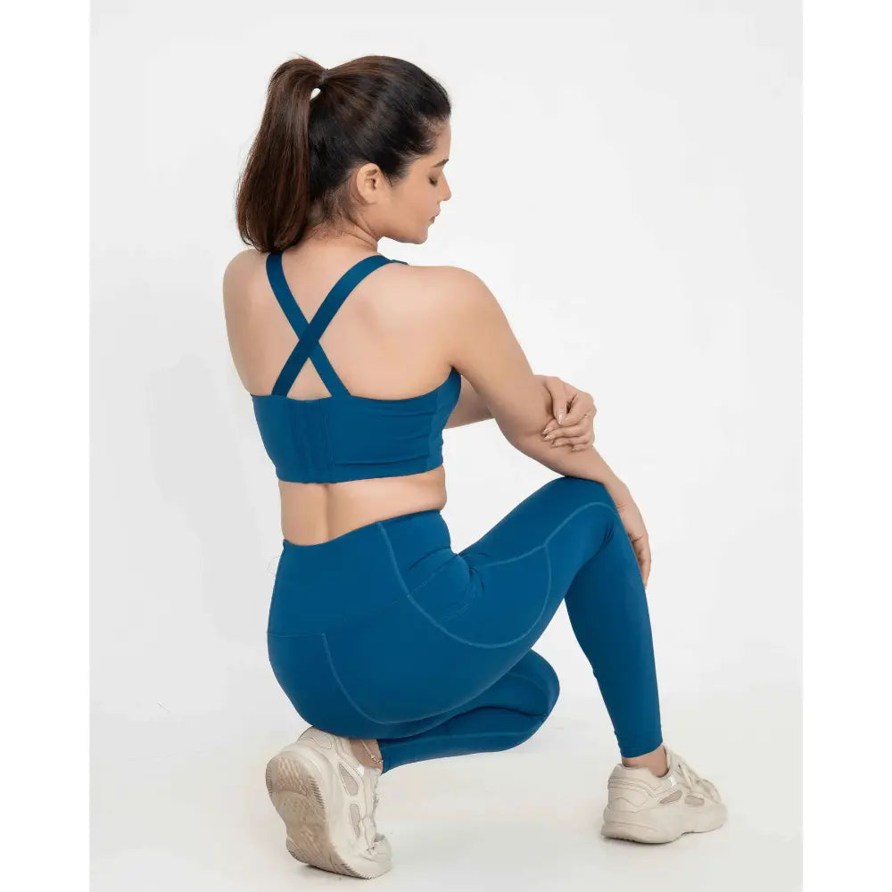 Navy Blue Versatile Sports Bra with Front Zipper, Full Coverage & Adjustable Straps - felic